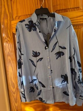 Womens Blue Striped Shirt with Navy Floral Print